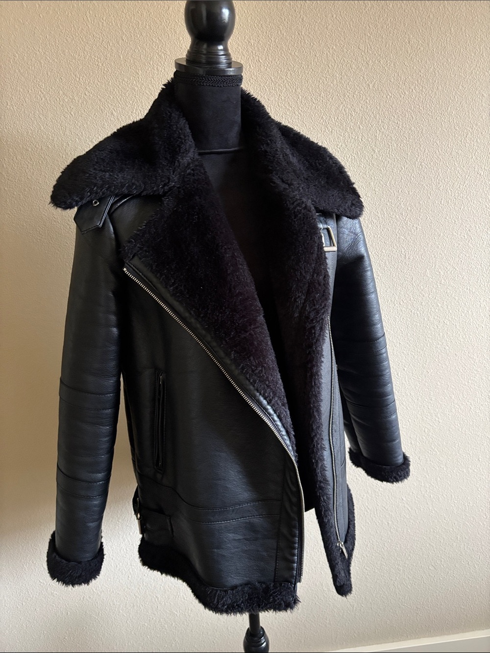 Black Faux Shearling Aviator Jacket